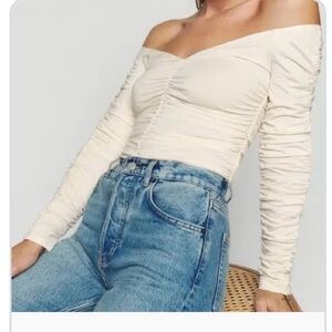 Reformation Ivory Off-Shoulder Ruched Top